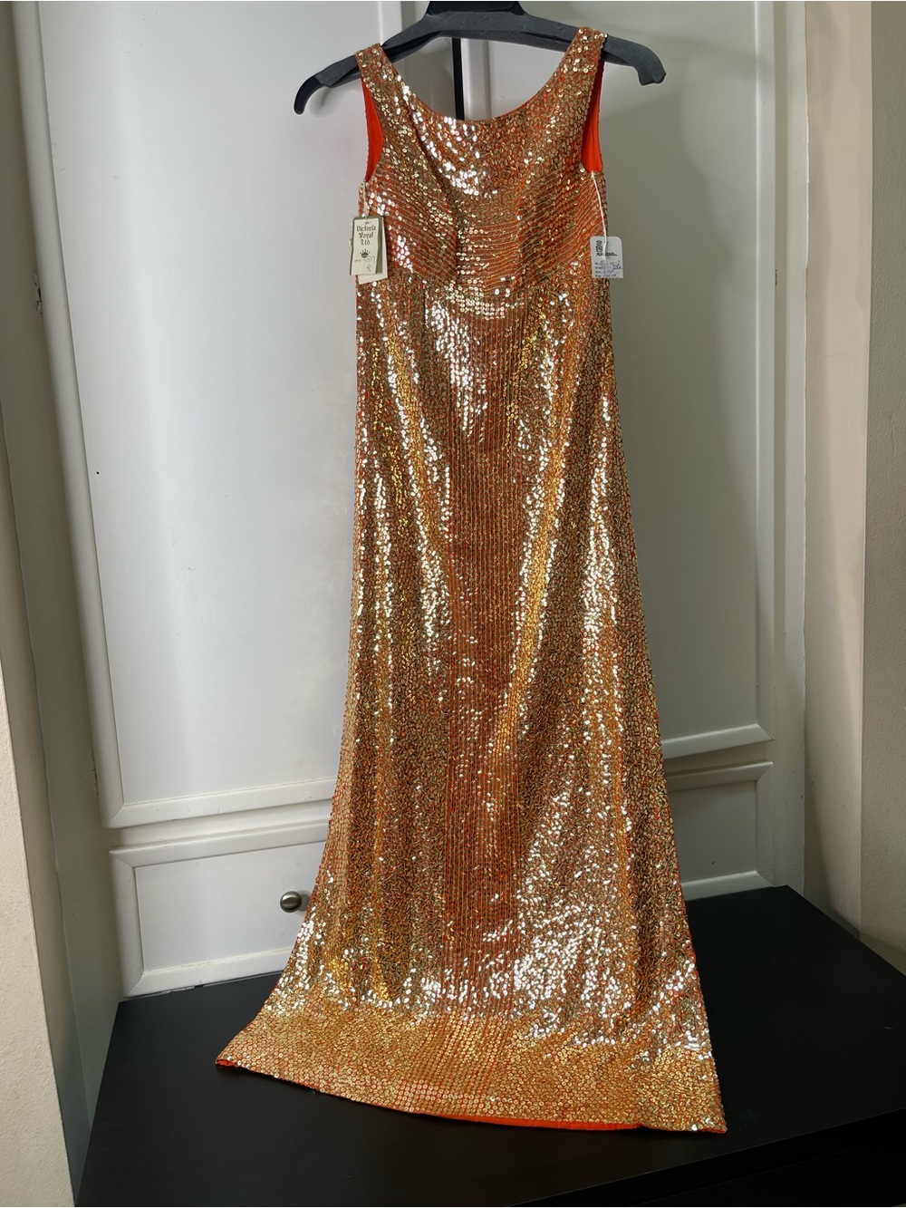 Vtg 60s Victoria Royal Gold Sequin Gown Sz 8 Montaldo’s Rare Deadstock NWT